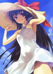 Rule 34 | 1girl, armpits, black hair, brown eyes, day, dress, from below, halterneck, hand on headwear, hat, long hair, looking at viewer, looking down, original, outdoors, shimotsuki eight, smile, solo, sun hat, sundress, white dress