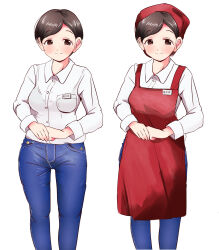 Rule 34 | 1girl, apron, blue pants, breasts, brown eyes, brown hair, denim, highres, idolmaster, idolmaster cinderella girls, jeans, medium breasts, monsiurbeat2, multiple views, own hands together, pants, pocket, red apron, red headwear, sasaki chie&#039;s mother, shirt, short hair, simple background, white background, white shirt