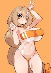 Rule 34 | 1girl, :3, absurdres, arm up, big hair, black choker, blonde hair, bow, braid, breasts, choker, covered navel, cowboy shot, gris swimsuit, hair between eyes, hair bow, highres, huge breasts, k.tomato, long hair, looking at viewer, meme attire, one-piece swimsuit, orange eyes, orange one-piece swimsuit, original, single braid, solo, standing, strapless, strapless one-piece swimsuit, swimsuit, thighs, v, very long hair, white one-piece swimsuit