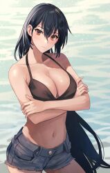 Rule 34 | 1girl, alternate costume, bikini, bikini top only, black bikini, black hair, breasts, brown eyes, cleavage, closed mouth, collarbone, commentary request, crossed arms, denim, denim shorts, hair between eyes, highres, kantai collection, kasumi (skchkko), large breasts, light frown, long hair, looking at viewer, nagato (kancolle), navel, ocean, outdoors, shorts, solo, swimsuit, very long hair