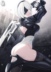 Rule 34 | 1girl, arms up, ass, backless dress, backless outfit, black blindfold, black dress, black footwear, black hairband, blindfold, boots, breasts, dress, feather-trimmed sleeves, from behind, from side, gloves, hair over one eye, hairband, high heels, highres, holding, holding sword, holding weapon, juliet sleeves, leg up, legs, leotard, long sleeves, looking back, medium breasts, medium hair, nier (series), nier:automata, outdoors, over shoulder, puffy sleeves, skindentation, solo, standing, standing on one leg, sword, sword over shoulder, thigh boots, thighhighs, thighs, torn clothes, torn dress, weapon, weapon over shoulder, white hair, white leotard, 2b (nier:automata), zaregoto tsukai no deshi