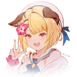 Rule 34 | 1girl, animal ears, beret, blonde hair, braid, breasts, character name, dog ears, fang, flower, granblue fantasy, hair flower, hair ornament, hat, hibiscus, looking at viewer, open mouth, orange eyes, portrait, sailor, scrunchie, shirt, sleeveless, sleeveless shirt, small breasts, smile, solo, vajra (granblue fantasy), vienri, w, white hat, white shirt, wrist scrunchie