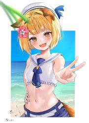 Rule 34 | 1girl, :3, animal ears, belt, beret, blonde hair, blue shorts, blunt bangs, blurry, blurry foreground, breasts, crop top, dog ears, dog girl, dog tail, fangs, flower, granblue fantasy, hair flower, hair ornament, hand on own hip, hat, looking at viewer, midriff, navel, ocean, open mouth, punyaru, reaching, reaching towards viewer, sailor collar, shirt, short hair, shorts, sleeveless, sleeveless shirt, small breasts, smile, solo, tail, thick eyebrows, upper body, v, vajra (granblue fantasy), water, white hat, yellow eyes