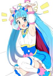 Rule 34 | 1girl, ahoge, arm behind head, armpits, blue cape, blue dress, blue eyes, blue footwear, blue hair, blush, cape, commentary request, cure sky, detached sleeves, dress, drop earrings, earrings, fingerless gloves, gloves, highres, hirogaru sky! precure, jewelry, long hair, looking at viewer, magical girl, multicolored cape, multicolored clothes, open mouth, petticoat, precure, puffy detached sleeves, puffy sleeves, red cape, shoes, short sleeves, solo, sora harewataru, thighhighs, tottotonero, twintails, very long hair, white background, white gloves, white thighhighs