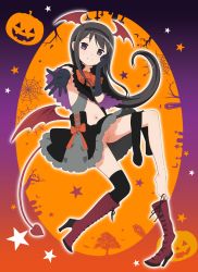Rule 34 | 1girl, akemi homura, armpits, ascot, bat (animal), black gloves, black hair, black thighhighs, blush, boots, capelet, cleft of venus, coffin, cross, cross-laced footwear, demon girl, demon tail, demon wings, denkaisui, dress, female focus, foreshortening, full body, gloves, graveyard, hair ornament, hairband, halloween, hand on own cheek, hand on own face, head wings, high heel boots, high heels, highres, impossible clothes, impossible dress, jack-o&#039;-lantern, lace-up boots, long hair, looking at viewer, low wings, mahou shoujo madoka magica, mahou shoujo madoka magica (anime), navel, no panties, outstretched arm, outstretched hand, pumpkin, purple eyes, pussy, reaching, reaching towards viewer, silk, single boot, single thighhigh, smile, solo, spider web, star (symbol), tail, thighhighs, thighhighs under boots, tombstone, tree, uncensored, unworn boots, unworn thighhighs, wings