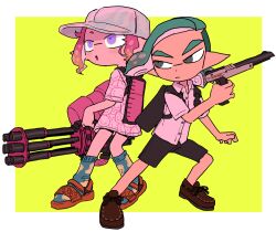 Rule 34 | 1boy, 1girl, aoba (ikuta semi), aqua hair, baseball cap, bike shorts, colored inner hair, forehead, gatling gun, gradient hair, hat, ikuta semi, inkling, inkling boy, inkling girl, inkling player character, minigun, multicolored hair, n-zap (splatoon), nintendo, pink hair, pointy ears, ponytail, purple eyes, sandals, short hair, shorts, simple background, splatoon (series), sumomo (ikuta semi), tentacle hair, thick eyebrows, yellow background