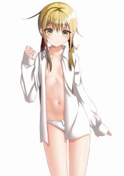 Rule 34 | 1girl, amano miyako, blonde hair, breasts, destroyer, dual wielding, holding, kantai collection, long hair, low twintails, midriff, military, military vehicle, no pants, open clothes, open shirt, oversized clothes, panties, ribbon panties, satsuki (kancolle), satsuki kai ni (kancolle), ship, shirt, small breasts, solo, twintails, underwear, warship, watercraft, white panties, yellow eyes