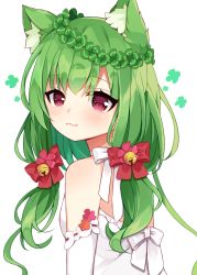 Rule 34 | 1girl, animal ear fluff, animal ears, bell, bow, breasts, cat ears, clover, commentary, dress, four-leaf clover, green hair, hair bell, hair between eyes, hair bow, hair ornament, jingle bell, long hair, looking at viewer, looking to the side, maki soutoki, original, red bow, red eyes, simple background, small breasts, solo, strapless, strapless dress, symbol-only commentary, upper body, white background, white bow, white dress