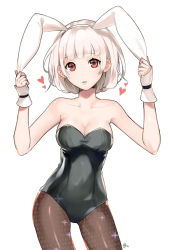 Rule 34 | 1girl, animal ears, bad id, bad pixiv id, bare shoulders, black leotard, blush, bob cut, breasts, brown pantyhose, cleavage, collarbone, contrapposto, copyright request, cowboy shot, eyebrows, fake animal ears, fishnet pantyhose, fishnets, hairband, hands up, heart, holding ears, leotard, looking at viewer, medium breasts, nagu, pantyhose, parted lips, playboy bunny, rabbit ears, red eyes, signature, simple background, solo, sparkle, standing, strapless, strapless leotard, white background, white hair, wrist cuffs