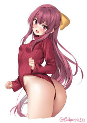 Rule 34 | 1girl, alternate costume, ass, blush, bow, breasts, cowboy shot, ebifurya, heattech leotard, highres, kamikaze (kancolle), kantai collection, leotard, long hair, long sleeves, looking at viewer, one-hour drawing challenge, open mouth, pink hair, purple eyes, purple hair, red leotard, ribbed leotard, ribbon, simple background, small breasts, solo, turtleneck, twitter username, white background, yellow bow, yellow ribbon