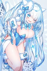 Rule 34 | 1girl, animal ears, blue footwear, blue nails, blue one-piece swimsuit, breasts, cleavage, commentary request, dobrynya nikitich (fate), dobrynya nikitich (swimsuit lancer) (fate), dobrynya nikitich (swimsuit lancer) (second ascension) (fate), fate/grand order, fate (series), hand on own hip, highleg, highleg one-piece swimsuit, large breasts, long hair, looking at viewer, moru, official alternate costume, one-piece swimsuit, one eye closed, sandals, smile, solo, standing, standing on one leg, swimsuit, tail, toenails, toes, twitter username, very long hair, white hair