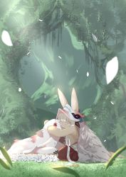 Rule 34 | 1girl, animal ears, blurry, claws, colored eyelashes, creature, crying, depth of field, ears through headwear, closed eyes, fake horns, flower, from side, furry, grass, helmet, highres, horned helmet, hug, made in abyss, mitty (made in abyss), nanachi (made in abyss), no mouth, on ground, open mouth, pants, petals, red eyes, red pants, sitting, topless, tree, uta (xuyansong1996), whiskers, white hair