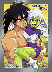 Rule 34 | 1boy, 1girl, :d, armor, black eyes, black hair, bodysuit, breasts, broly (dragon ball super), carrying, cheelai, colored skin, commentary, dragon ball, dragon ball super, dragon ball super broly, english commentary, gloves, green skin, looking at viewer, mike luckas, muscular, muscular male, open mouth, pectorals, princess carry, purple bodysuit, purple eyes, scar, scouter, short hair, smile, spiked hair, topless male, translation request, white gloves, white hair