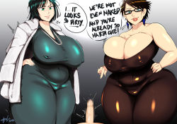 Rule 34 | 1boy, 2girls, bayonetta, bayonetta (series), bittercream, blue eyes, breasts, censored, cleavage, clothed female nude male, dark green hair, english text, erection, fubuki (one-punch man), glasses, green eyes, green hair, huge breasts, looking at viewer, medium hair, mosaic censoring, multiple girls, nude, one-punch man, plump, pov, speech bubble, thick thighs, thighs, wide hips