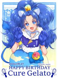 Rule 34 | 1girl, animal ears, blue choker, blue eyes, blue gloves, blue hair, blue skirt, character name, choker, crown, crown earrings, cure gelato, dated, earrings, extra ears, gloves, happy birthday, jewelry, kirakira precure a la mode, layered skirt, lion ears, lion tail, looking at viewer, magical girl, mini crown, open mouth, precure, skirt, smile, solo, tail, tanshi tanshi, tategami aoi, twitter username