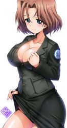 Rule 34 | 10s, 1girl, azumi (girls und panzer), black panties, blue eyes, blush, breasts, brown hair, buttons, cleavage, clothes lift, covered erect nipples, cowboy shot, dated, emblem, eyes visible through hair, girls und panzer, green skirt, jacket, kamogawa tanuki, large breasts, lifted by self, military, military uniform, no bra, panties, parted bangs, partially unbuttoned, selection university (emblem), selection university military uniform, short hair, signature, simple background, skirt, skirt lift, smile, solo, underwear, uniform, white background