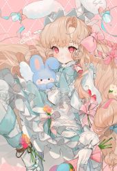 Rule 34 | 1girl, animal ears, bad id, bad twitter id, bib, blue dress, blue footwear, blue ribbon, blush, bouquet, bow, commentary request, dress, flower, frilled dress, frilled gloves, frills, gloves, gotou (nekocat), hair bow, hat, headdress, holding, holding bouquet, juliet sleeves, leg up, light brown hair, long hair, long sleeves, looking at viewer, low-tied long hair, mary janes, neck ribbon, original, puffy sleeves, rabbit ears, red eyes, ribbon, shoes, signature, smile, solo, stuffed animal, stuffed rabbit, stuffed toy, thighhighs, very long hair, white gloves, white thighhighs