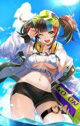 Rule 34 | 1girl, absurdres, anklet, bare shoulders, bikini, black hair, black shorts, blue hair, blue sky, breasts, cloud, collarbone, commentary request, day, fate/grand order, fate (series), green hat, hat, headphones, headphones around neck, highres, holding, holding skateboard, hoshi rasuku, in water, jacket, jewelry, long hair, long sleeves, looking at viewer, medium breasts, multicolored hair, navel, ocean, off shoulder, one eye closed, open clothes, open jacket, open mouth, outdoors, red hair, sei shounagon (fate), sei shounagon (swimsuit berserker) (fate), short shorts, shorts, sidelocks, skateboard, sky, smile, solo, streaked hair, sun, sunlight, swimsuit, teeth, thighs, tongue, twintails, upper teeth only, visor cap, wading, water, wet, white bikini, white jacket, yellow eyes