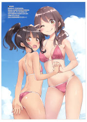 Rule 34 | 10s, 2girls, ;q, absurdres, alternate universe, ass, bikini, black hair, blue sky, blush, breasts, brown eyes, brown hair, cleavage cutout, clothing cutout, cloud, collarbone, contrapposto, cousins, covering privates, covering ass, cowboy shot, day, flat chest, floral print, gluteal fold, hair between eyes, halterneck, harukana receive, higa kanata, high ponytail, highres, holding hands, interlocked fingers, kani biimu, long hair, looking at viewer, looking back, low twintails, medium breasts, multiple girls, navel, one eye closed, oozora haruka (harukana receive), open mouth, outdoors, pink bikini, ponytail, scan, shoulder blades, sidelocks, skindentation, sky, standing, swimsuit, tongue, tongue out, twintails, v-shaped eyebrows, v over eye