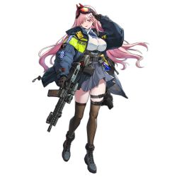 Rule 34 | 1girl, assault rifle, bag, belt, black footwear, black gloves, black thighhighs, blue jacket, blue skirt, blush, boots, breasts, carbine, earrings, electroshock weapon, eyewear on head, floor, girls&#039; frontline, gloves, gun, heart, heart earrings, highres, holding, jacket, jewelry, large breasts, less-than-lethal weapon, long hair, looking at viewer, mole, mole under eye, neck tattoo, official art, open clothes, open jacket, open mouth, pink hair, police, police uniform, red eyes, rifle, salute, shirt, sig mcx (girls&#039; frontline), sig sauer, sig mcx, skirt, solo, standing, taser, taser x26, tattoo, thighhighs, transparent background, uniform, walkie-talkie, weapon, white shirt, yitiao er-hua