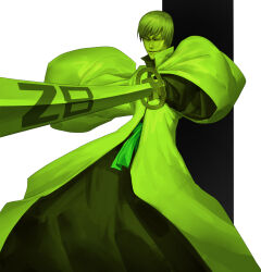 Rule 34 | 1boy, absurdres, black kimono, bleach, closed eyes, closed mouth, coat, feet out of frame, foreshortening, green theme, hieumay, highres, holding, holding sword, holding weapon, ichimaru gin, japanese clothes, katana, kimono, layered clothes, leaning back, legs apart, long sleeves, male focus, nostrils, outstretched arm, popped collar, sash, shinigami, short hair, simple background, snake mouth, solo, standing, swept bangs, sword, two-tone background, weapon, white coat, wide sleeves, zanpakutou