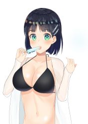 Rule 34 | 1girl, absurdres, bad id, bad pixiv id, bikini, bikini top only, black bikini, black hair, breasts, cleavage, collarbone, food, green eyes, hair ornament, highres, holding, kirigaya suguha, large breasts, long sleeves, looking at viewer, navel, open clothes, open mouth, open shirt, popsicle, see-through, shirt, short hair, simple background, solo, swimsuit, sword art online, upper body, white background, white shirt, woogi