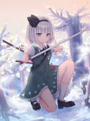 Rule 34 | 1girl, absurdres, bare tree, black footwear, black ribbon, blunt bangs, bob cut, chromatic aberration, day, full body, green eyes, green skirt, green vest, hair ribbon, hairband, highres, holding, holding weapon, ichita (yixisama-shihaohaizhi), konpaku youmu, looking at viewer, mary janes, on one knee, outdoors, puffy sleeves, ribbon, serious, shirt, shoes, short hair, short sleeves, skirt, skirt set, snow, socks, solo, sword, touhou, tree, vest, weapon, white shirt, white socks