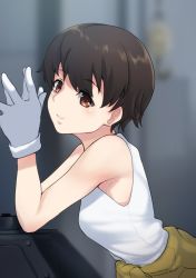 Rule 34 | 1girl, blurry, blurry background, brown eyes, brown hair, closed mouth, clothes around waist, commentary request, depth of field, elbow rest, from side, girls und panzer, gloves, highres, jumpsuit, leaning forward, looking at viewer, mechanic, nakajima (girls und panzer), orange jumpsuit, own hands together, shirt, short hair, smile, solo, standing, tank top, uniform, white gloves, white shirt, yamaori (yamaorimon)