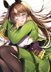 1girl ;d absurdres arm_up black_thighhighs breasts brown_eyes brown_hair commentary_request feet_out_of_frame frilled_shirt frills green_jacket green_skirt half_updo heart highres horns jacket large_breasts layered_skirt long_hair looking_at_viewer multicolored_hair nenobi_(nenorium) one_eye_closed open_mouth satono_diamond_(umamusume) shirt skirt smile solo thighhighs two-tone_hair umamusume very_long_hair white_shirt