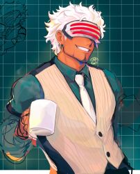Rule 34 | 1boy, ace attorney, aqua shirt, buttons, collared shirt, covered eyes, cup, dark-skinned male, dark skin, earrings, facial hair, facing viewer, godot (ace attorney), green background, grid background, grin, head-mounted display, highres, holding, holding cup, jewelry, long sleeves, male focus, messy hair, messyinklines, necktie, pinstripe pattern, pinstripe vest, shirt, short hair, sleeve garter, smile, solo, striped, upper body, vest, white hair, white necktie, yellow vest