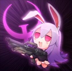 Rule 34 | 1girl, animal ears, bird, blush, commentary, commission, english commentary, full body, fumo (doll), gun, holding, holding gun, holding weapon, long hair, open mouth, purple background, purple hair, quake, quake champions, rabbit ears, rabbit girl, reisen udongein inaba, sami (pirateyoukai), seagull, solo, touhou, weapon