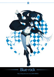 Rule 34 | 1girl, absurdres, belt, bikini, bikini top only, black bikini, black footwear, black hair, black jacket, black rock shooter, black rock shooter (character), blue eyes, boots, breasts, bsl, cleavage, colored skin, floating hair, front-tie bikini top, front-tie top, full body, hair between eyes, highres, holding, holding sword, holding weapon, jacket, knee boots, leg up, long hair, open mouth, saber (weapon), short shorts, shorts, small breasts, solo, standing, standing on one leg, swimsuit, sword, twintails, unzipped, very long hair, watermark, weapon, web address, white background, white shorts, white skin
