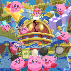 Rule 34 | bandana, blush stickers, bomb, book, castle, colored skin, cowboy hat, egg, explosive, frying pan, gun, hat, highres, holding, holding book, holding egg, holding frying pan, holding gun, holding weapon, kirby, kirby&#039;s return to dream land, kirby&#039;s return to dream land deluxe, kirby (series), looking at viewer, magolor, miclot, mortarboard, multiple persona, nintendo, no humans, one eye closed, open mouth, pink skin, shuriken, smile, solid oval eyes, star (symbol), string of flags, v-shaped eyebrows, warp star, weapon