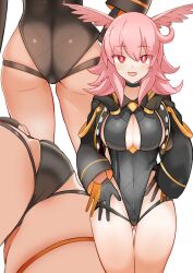 Rule 34 | 1girl, adjusting clothes, adjusting swimsuit, ass, black one-piece swimsuit, blush, breasts, choker, cleavage, cleavage cutout, clothing cutout, commentary request, fate/grand order, fate (series), gloves, gluteal fold, head wings, highleg, highleg swimsuit, highres, hildr (fate), hildr (swimsuit assassin) (fate), jacket, large breasts, long hair, long sleeves, looking at viewer, one-piece swimsuit, open mouth, pink hair, red eyes, simple background, smile, swimsuit, thigh gap, thighs, valkyrie (fate), white background, wings, yoosai