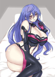 Rule 34 | 1girl, black gloves, black thighhighs, blue hair, blush, breasts, earrings, elbow gloves, gloves, hair over one eye, highres, iris heart, jewelry, kami jigen game neptune v, large breasts, long hair, looking at viewer, lying, navel, neptune (series), on bed, on side, open mouth, pink eyes, shadow, solo, symbol-shaped pupils, thighhighs, zatsu