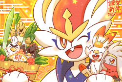 Rule 34 | 2023, blush stickers, bright pupils, brown eyes, cinderace, creatures (company), egasumi, farfetch&#039;d, flower, food, food on head, fruit, galarian farfetch&#039;d, game freak, gen 1 pokemon, gen 8 pokemon, holding, holding food, holding vegetable, looking at viewer, mandarin orange, nintendo, no humans, object on head, one eye closed, open mouth, outline, plum blossoms, pokemon, pokemon (creature), raboot, red eyes, scorbunny, shuri (syurigame), sirfetch&#039;d, spring onion, star (symbol), thick eyebrows, translation request, twitter username, v-shaped eyebrows, vegetable, white pupils, yellow outline