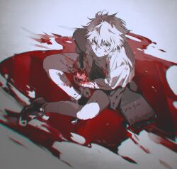 Rule 34 | 1boy, assassin, black eyes, black footwear, black shorts, blood, blood on arm, blood on clothes, blood on face, blood on ground, blood on hands, blood on leg, closed mouth, commentary, dated, expressionless, hair between eyes, heart, highres, holding, holding heart, hunter x hunter, killua zoldyck, looking at viewer, male focus, mei ren, outdoors, shirt, short hair, short sleeves, shorts, sitting, solo, white hair, white shirt