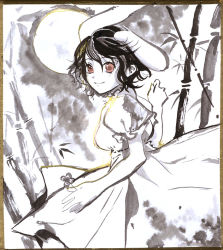 Rule 34 | 1girl, bad id, bad pixiv id, bamboo, bamboo forest, clover, female focus, forest, four-leaf clover, inaba tewi, looking back, monochrome, moon, nature, red eyes, shikishi, smile, solo, spot color, touhou, traditional media, umishima senbon