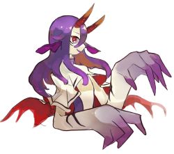 Rule 34 | 1girl, :d, animal ears, colored skin, from side, hair flaps, hands up, highres, horns, long hair, looking at viewer, monster girl, open mouth, original, oversized forearms, oversized limbs, profile, purple hair, red eyes, ruteko (ruko220), sharp teeth, simple background, smile, solo, teeth, tentacle hair, upper body, white background, white skin