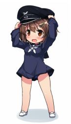 Rule 34 | 10s, 1girl, bad id, bad twitter id, brave witches, brown eyes, brown hair, chibi, full body, hair ornament, hairclip, hat, jpeg artifacts, karibuchi hikari, matching hair/eyes, no socks, null (nyanpyoun), peaked cap, school uniform, serafuku, shoes, simple background, solo, standing, swimsuit, swimsuit under clothes, white background, world witches series
