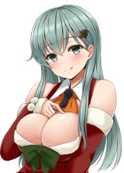 Rule 34 | 10s, 1girl, alternate costume, aqua hair, arm warmers, bare shoulders, blush, breasts, bursting breasts, christmas tree hair ornament, cleavage, detached collar, dress, fur trim, green eyes, hair ornament, hand on breast, kantai collection, large breasts, long hair, looking at viewer, mitsukazu (nijigen complex), red dress, simple background, smile, solo, suzuya (kancolle), tongue, tongue out, white background