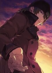 Rule 34 | 1boy, aragaki shinjirou, beanie, black hat, brown eyes, buttons, closed mouth, cloud, coat, evening, hair between eyes, hat, isa (peien516), long sleeves, looking at viewer, male focus, outdoors, persona, persona 3, reaching, reaching towards viewer, red coat, sky, solo, upper body