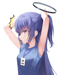 Rule 34 | 1girl, absurdres, arms up, blue archive, blue eyes, blue shirt, blush, breasts, closed mouth, facial mark, hair tie, hair tie in mouth, halo, highres, lanyard, lisu, long hair, looking at viewer, medium breasts, mouth hold, ponytail, profile, purple hair, shirt, short sleeves, simple background, solo, star (symbol), sweat, tying hair, upper body, very long hair, white background, yuuka (blue archive), yuuka (track) (blue archive)