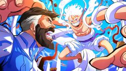 2boys angry beard blue_bodysuit blurry blurry_foreground bodysuit brown_hair cidades commentary connected_beard crossover devil_fruit_power elasticity english_commentary facial_hair fantastic_four fighting full_beard fur-trimmed_shorts fur_trim gear_fifth highres jacket male_focus marvel marvel_rivals monkey_d._luffy multicolored_bodysuit multicolored_clothes multicolored_hair multiple_boys muscular one_piece open_mouth power_connection red_eyes reed_richards short_hair shorts simple_background smile two-tone_hair waistband white_bodysuit white_hair white_jacket