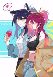 Rule 34 | 2girls, absurdres, alternate costume, animal ears, arknights, bandaid, bandaid on face, bandaid on nose, black hair, blue jacket, breasts, brown jacket, blowing bubbles, chewing gum, choker, crop top, denim, detached wings, dog tags, ear bar, ear piercing, english text, exusiai (arknights), food, halo, haobuguniao, heart, highres, holding, holding food, ice cream, jacket, jeans, long hair, looking at viewer, multiple girls, navel, off shoulder, pants, piercing, ponytail, red hair, shirt, small breasts, spoken heart, tank top, texas (arknights), tongue, tongue out, white shirt, wings, wolf ears, yellow eyes