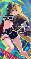 Rule 34 | 1girl, absurdres, animal ears, arm up, bandeau, belt, black belt, blonde hair, blue eyes, blush, bow, breasts, chain, commentary request, cutoffs, denim, denim shorts, ear bow, ear ornament, gloves, gold chain, gold city (umamusume), grin, groin, highres, horse ears, horse girl, horse tail, jacket, long hair, long sleeves, looking at viewer, mashiro (0428), medium breasts, midriff, multicolored background, navel, open clothes, open jacket, short shorts, shorts, sidelocks, smile, solo, standing, striped bandeau, swept bangs, tail, teeth, thigh strap, umamusume, white gloves