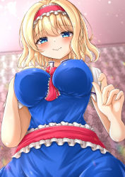 Rule 34 | 1girl, alice margatroid, ascot, blonde hair, blue dress, blue eyes, breasts, capelet, dress, frilled ascot, frills, hairband, highres, lolita hairband, medium breasts, no bra, puffy short sleeves, puffy sleeves, red ascot, red hairband, reijing etrn, short hair, short sleeves, solo, touhou, white capelet