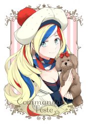 Rule 34 | 10s, 1girl, animal, beret, blonde hair, blue eyes, blue hair, bow, character name, commandant teste (kancolle), commentary request, dog, hat, highres, kantai collection, long hair, looking at viewer, morinaga miki, multicolored clothes, multicolored hair, multicolored scarf, one eye closed, plaid, plaid scarf, pom pom (clothes), red hair, scarf, solo, streaked hair, upper body, white hair