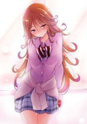 Rule 34 | arms behind back, blush, bow, brown eyes, brown hair, clothes around waist, cowboy shot, gradient background, long hair, looking at viewer, mutou kurihito, plaid, plaid skirt, skirt, solo, sweater, sweater around waist, tokyo 7th sisters, usuta sumire