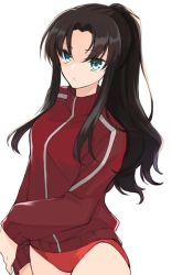 Rule 34 | 1girl, :/, aqua eyes, black hair, breasts, buruma, closed mouth, fate/stay night, fate (series), jacket, long hair, looking at viewer, maru (pixiv51714255), no pants, ponytail, red buruma, red jacket, sidelocks, simple background, solo, sportswear, striped clothes, striped jacket, tohsaka rin, track jacket, white background